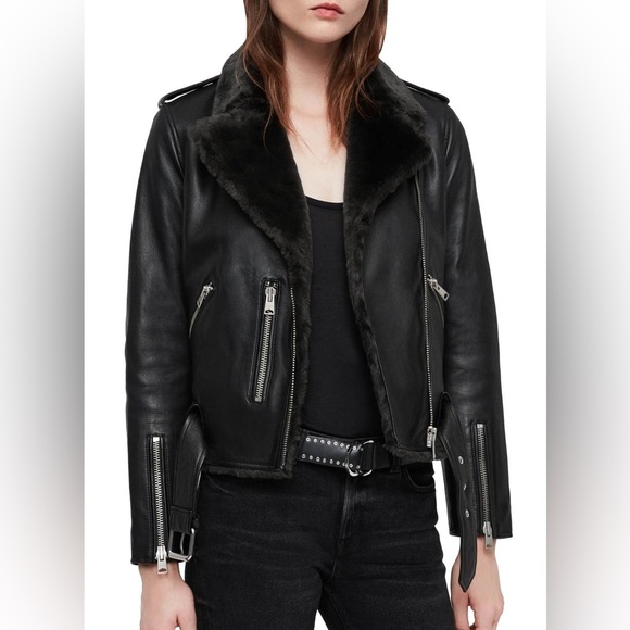 AllSaints Balfern Lambskin Leather Jacket Faux Fur Shearling Lining 00 XXS Black - Picture 2 of 11